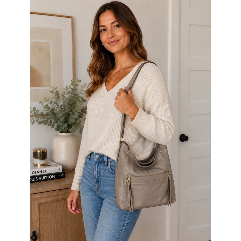 Cole Haan Gray Pebbled Leather Hobo Shoulder Bag Large Slouchy Tote Purse
